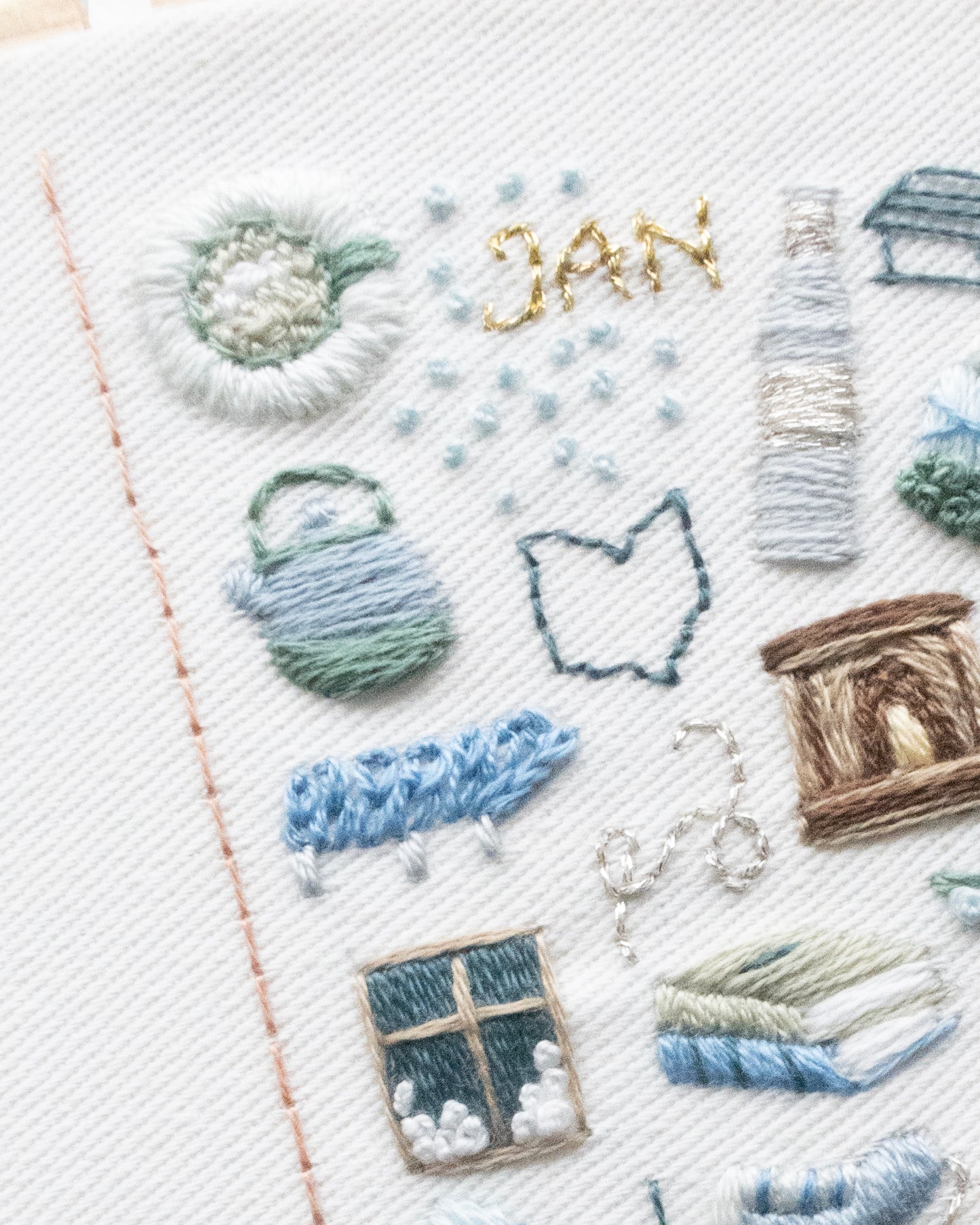 Embroidery Journal - January Winter Icons Pattern close up showing details of pattern