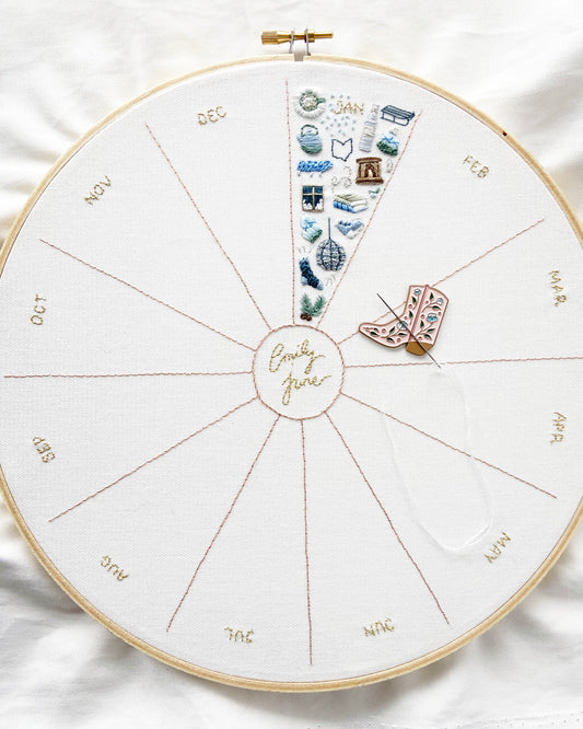 Embroidery Journal - January Winter Icons Pattern alone on a circular embroidery journal