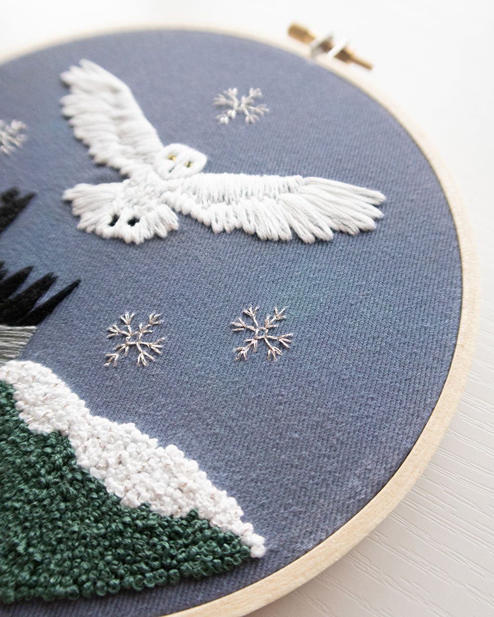 Magical Owl Embroidery Kit close up details showing snowflake