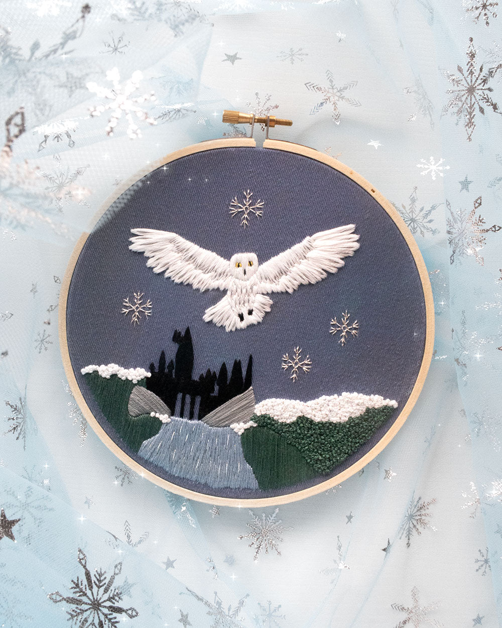 Magical Owl Embroidery Kit on a winter background