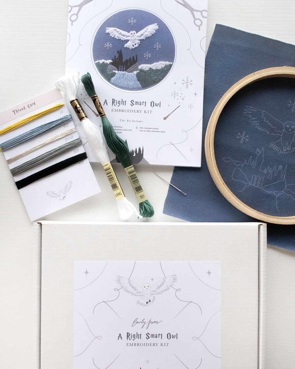 Magical Owl Embroidery Kit contents laid out with box and packaging