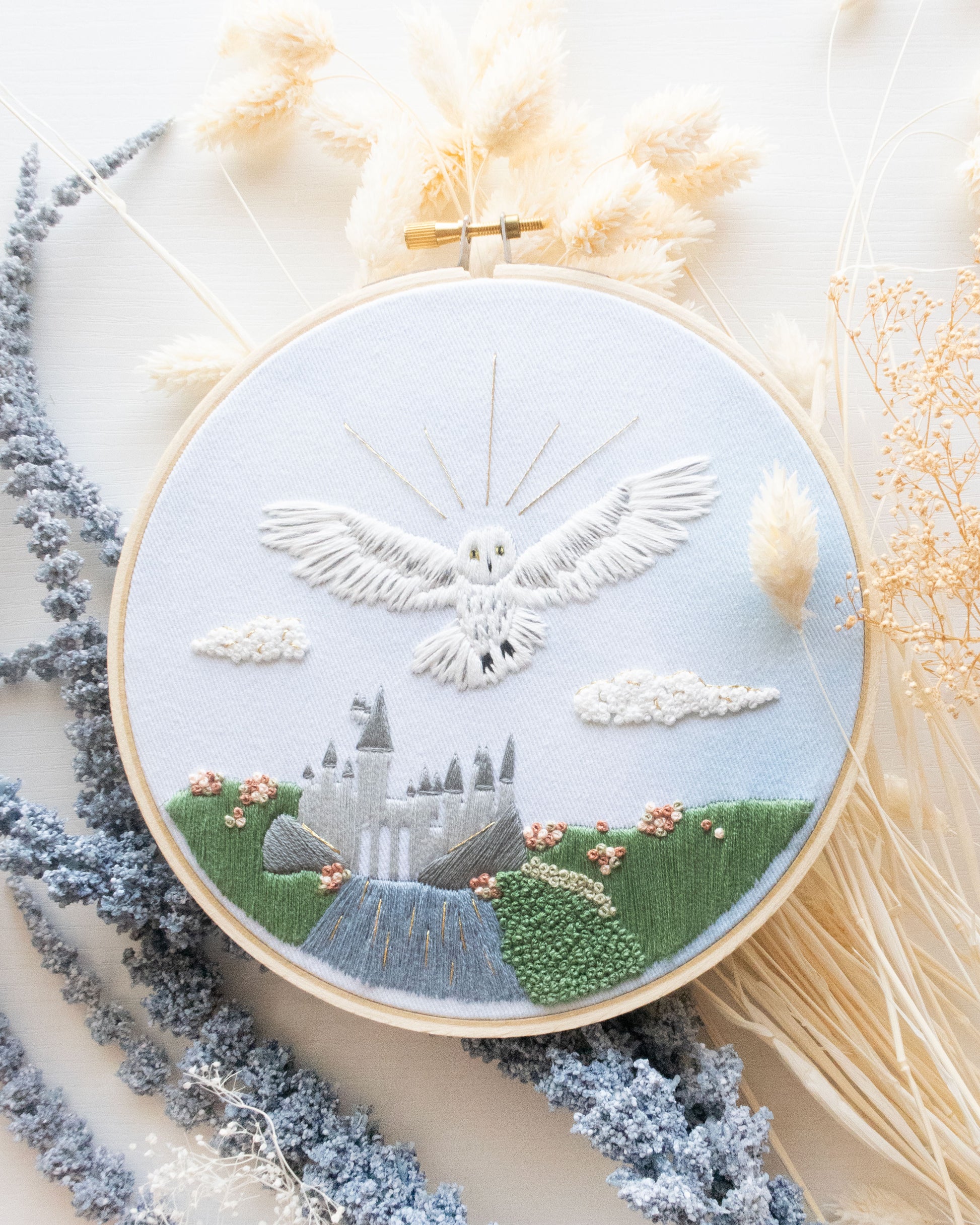 Spring Magical Owl Embroidery Kit with blue and yellow flowers on a white background