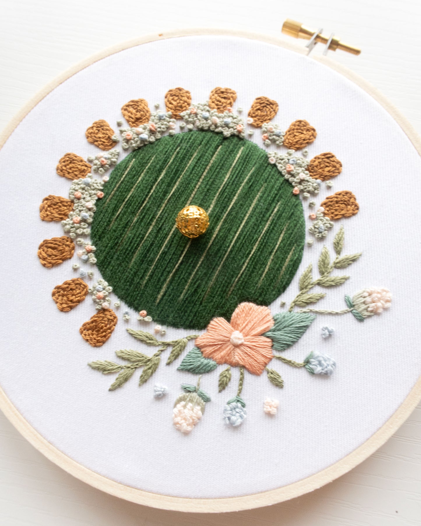 Hobbit Hole Embroidery Kit close up of the finished green version