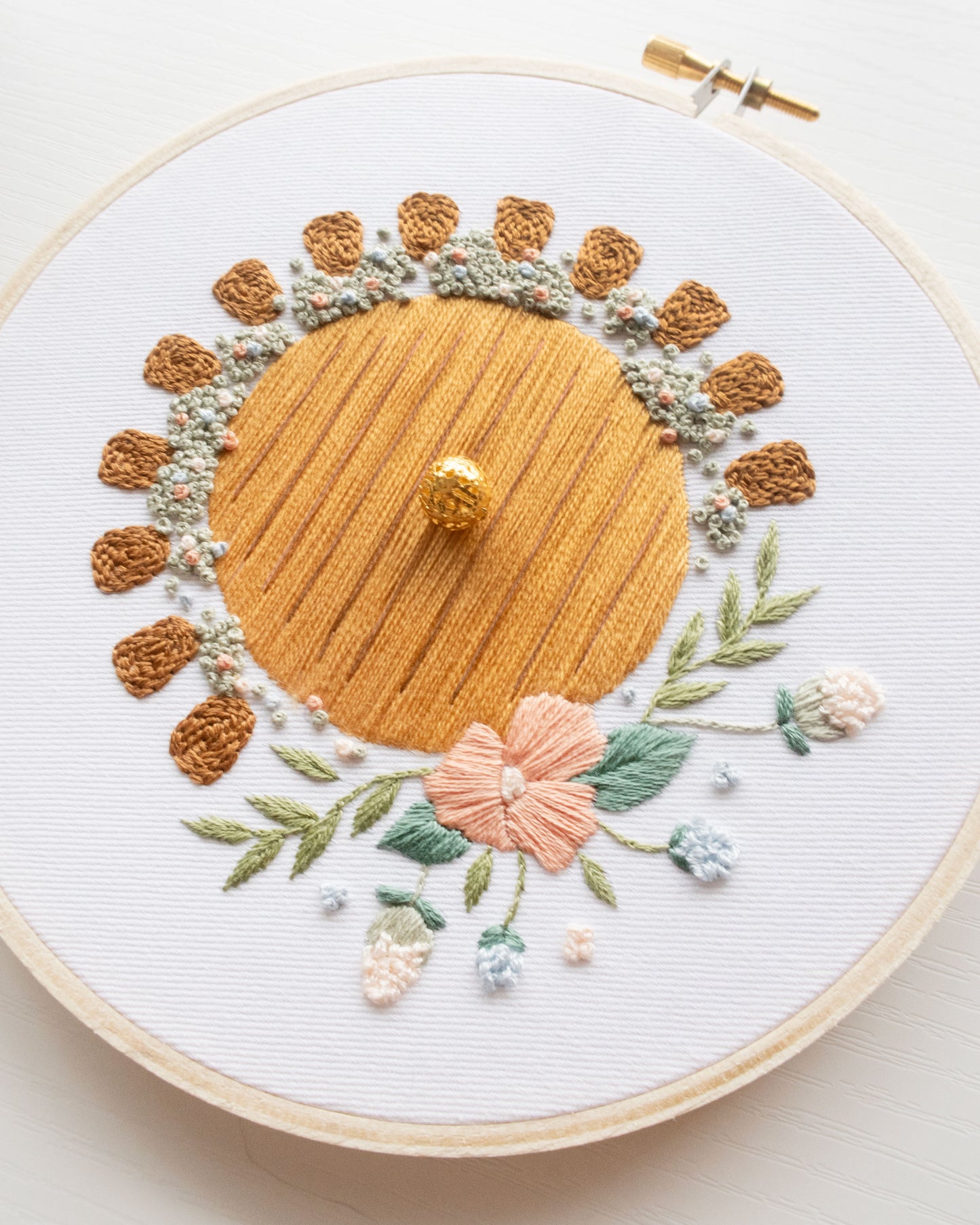 Hobbit Hole Embroidery Kit close up of the finished yellow version