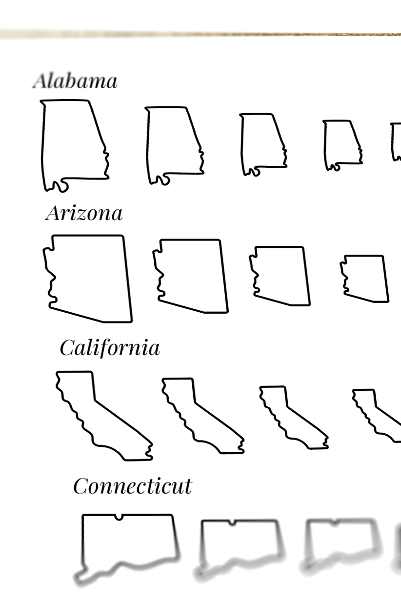 Embroidery Journal - Add On Icons, States of the USA close up showing the designs in different sizes