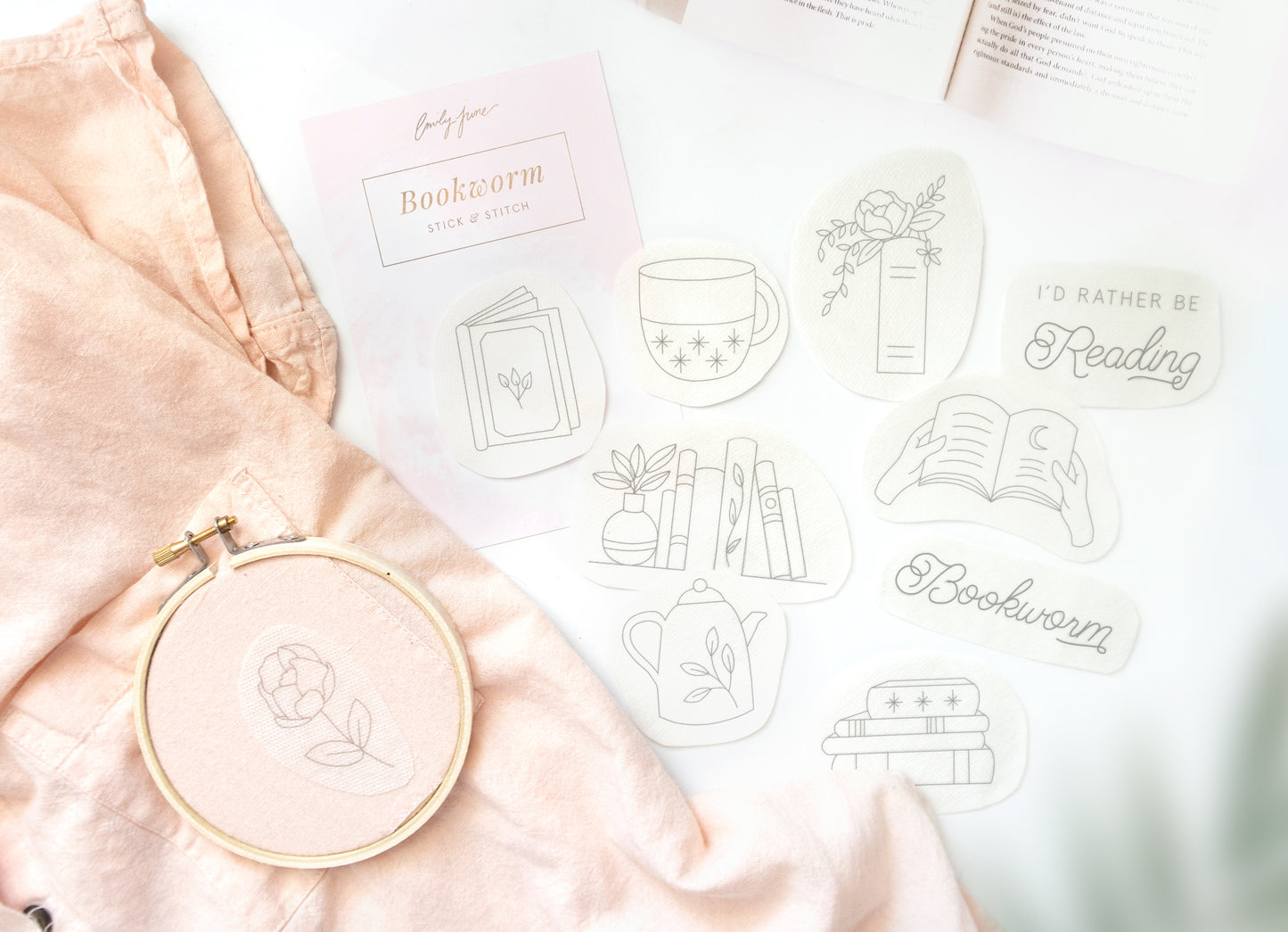 Book embroidery stick and stitch craft kit for clothing embroidery for bookworms and book loversBook embroidery stick and stitch craft kit for clothing embroidery for bookworms and book lovers with open book, floral tea pot, floral book, bookshelf with plants, open floral book, rose, and stacked books design and reading quotes