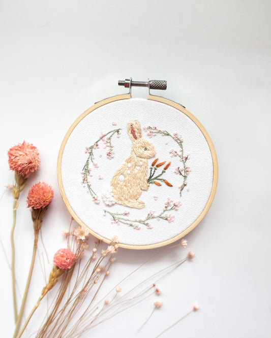 Spring Bunny Embroidery Pattern finished in a hoop with flowers