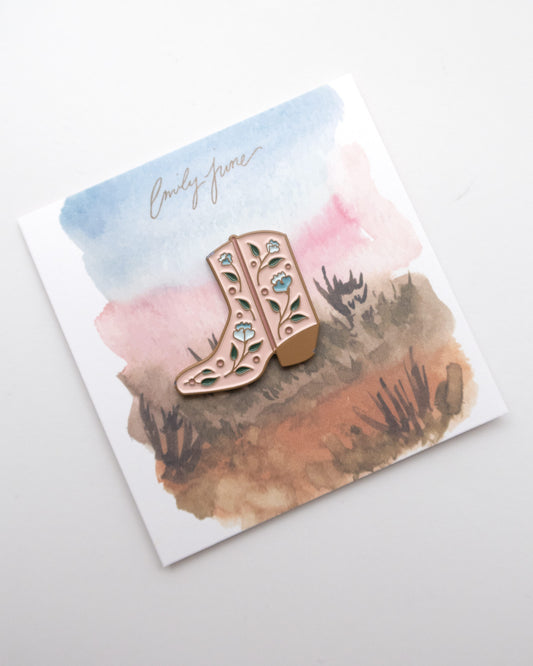 Floral pink enamel boot embroidery needle minder or needle nanny in desert packaging