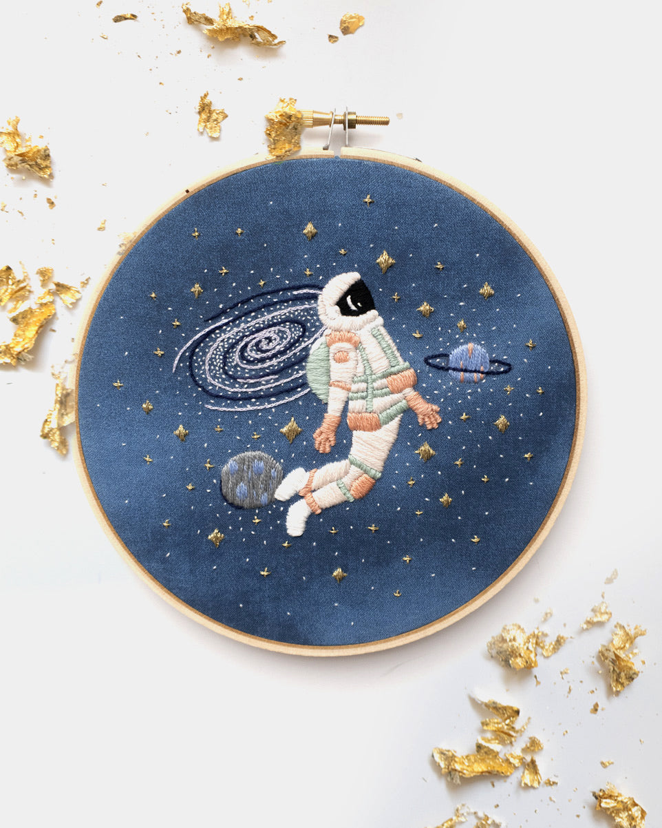 Blush astronaut in outer space hand embroidery kit for outer space nursery or decor with planets and stars