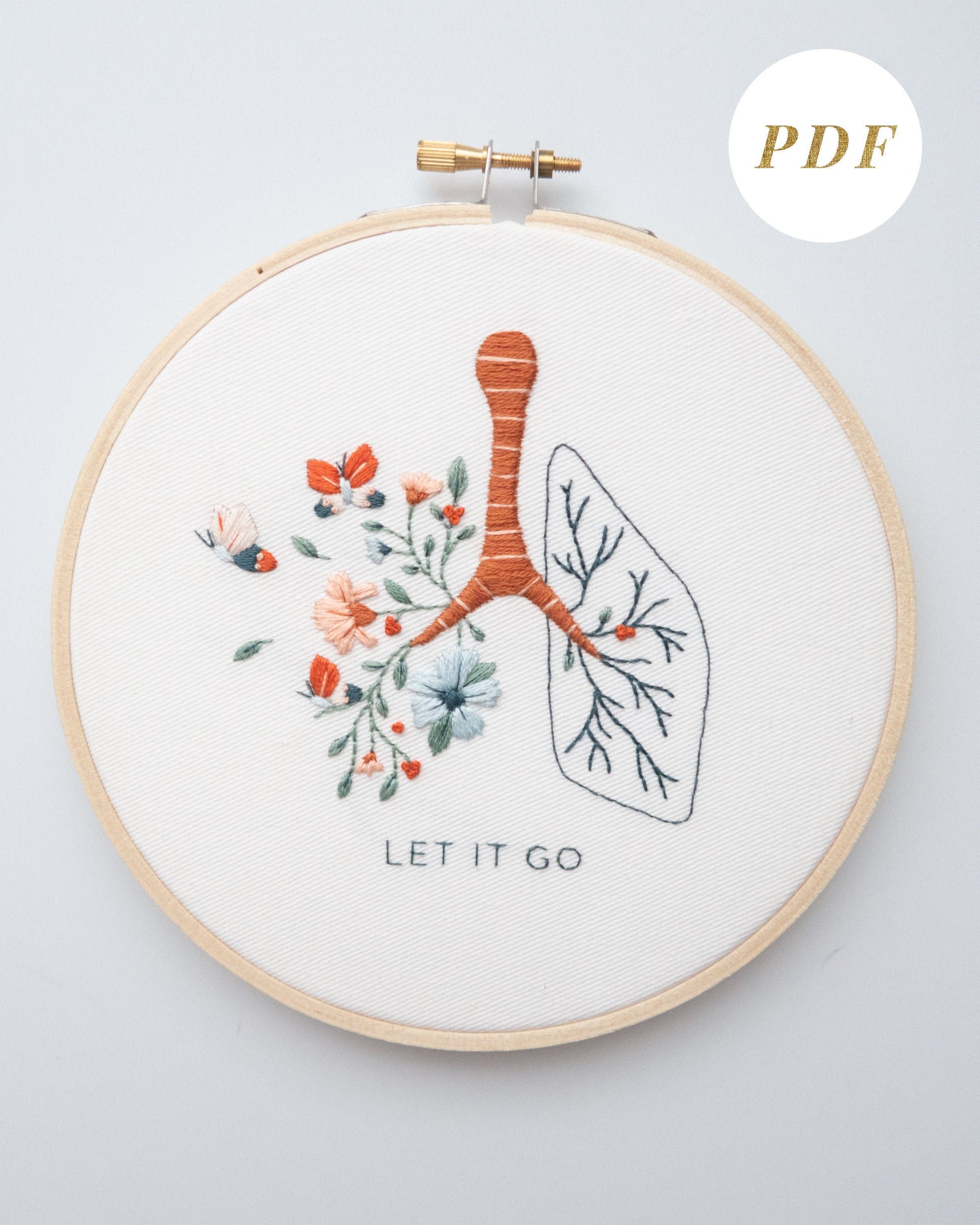 Let it go floral lung hand embroidery pattern with pink and blue flowers and butterflies for mental health craft