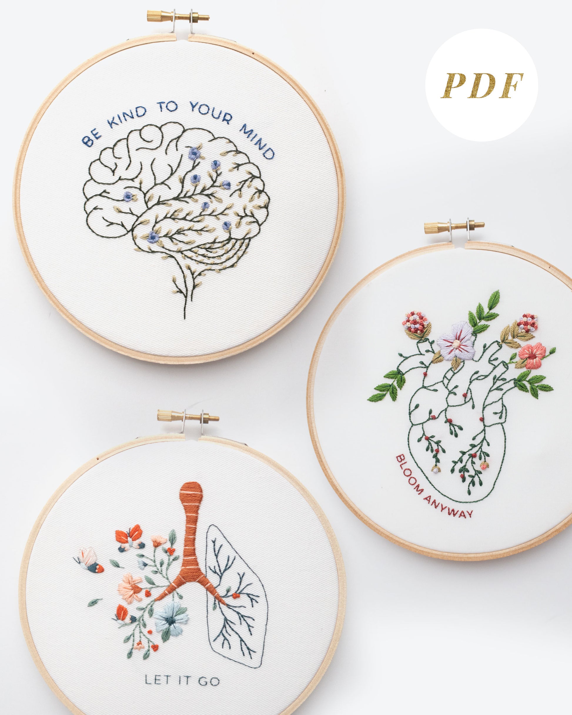Floral anatomy hand embroidery pattern bundle with floral brain, floral heart, and floral lung with mental health quotes for mental health embroidery and beginner friendly embroidery
