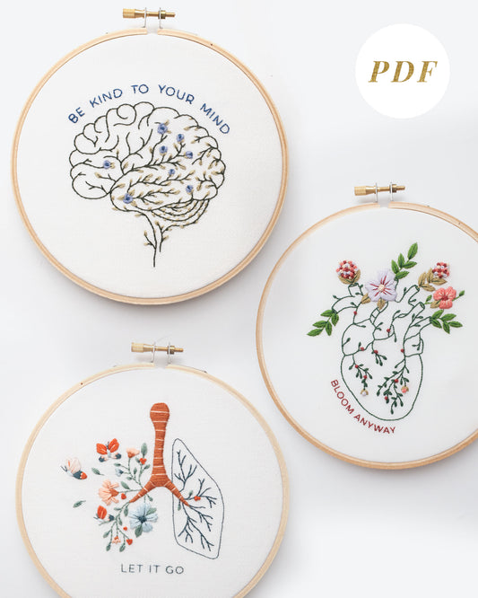 Floral anatomy hand embroidery pattern bundle with floral brain, floral heart, and floral lung with mental health quotes for mental health embroidery and beginner friendly embroidery