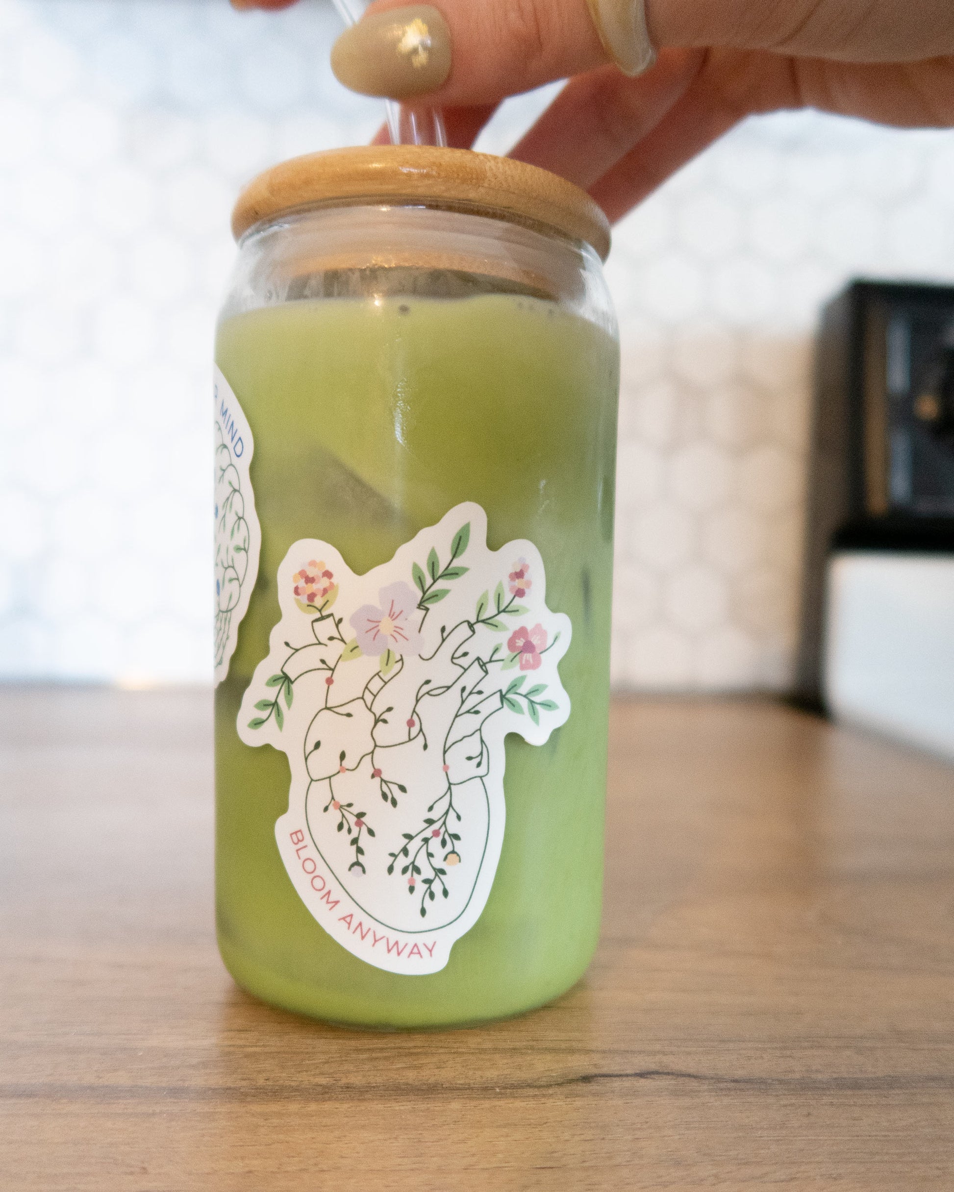 Bloom floral heart embroidery anatomy vinyl sticker, waterproof mental health sticker for water bottle on glass