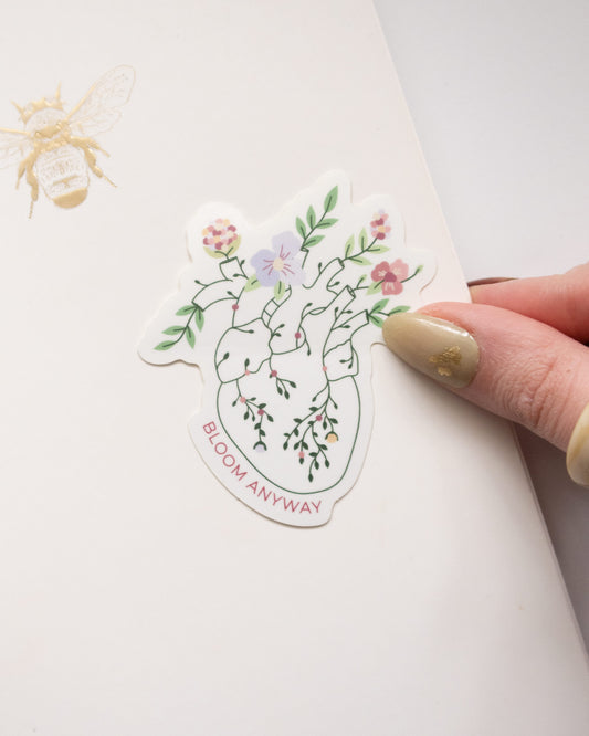 Bloom floral heart embroidery anatomy vinyl sticker, waterproof mental health sticker for water bottle on surface pressed on with fingers