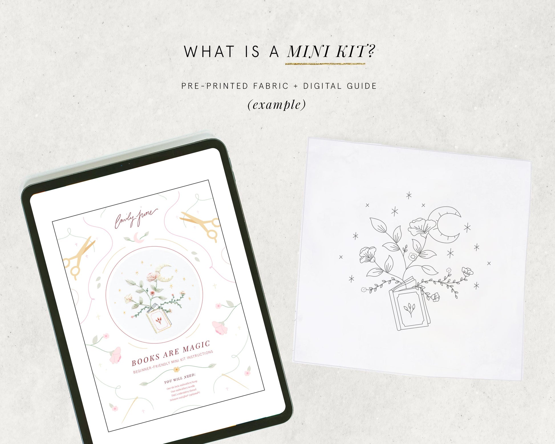 Full embroidery kit that comes with embroidery floss, embroidery needle, embroidery guide, printed embroidery fabric, versus a mini kit that comes with digital guide and fabric