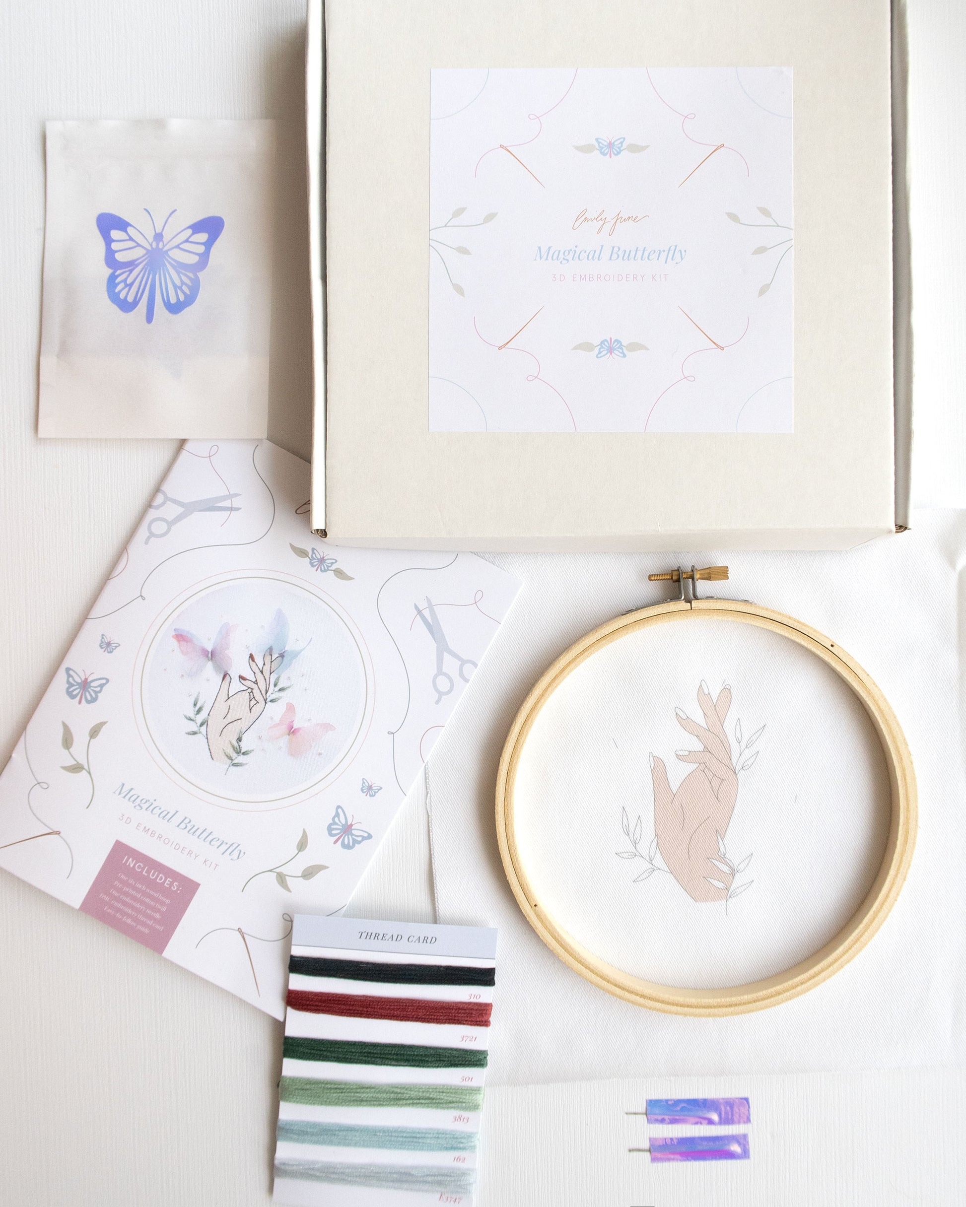 Kit contents of 3D Butterfly Hand Embroidery