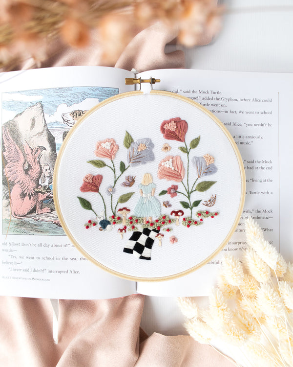 Alice in Wonderland Embroidery Pattern completed on open book