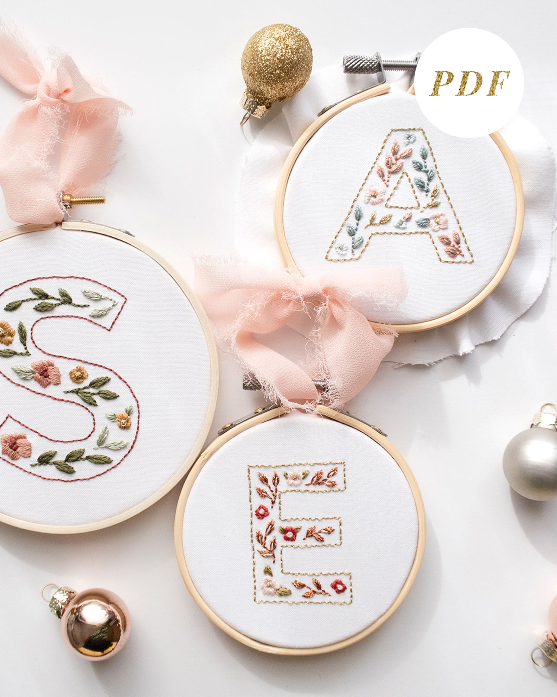 Floral Alphabet Embroidery Digital Pattern with ornaments