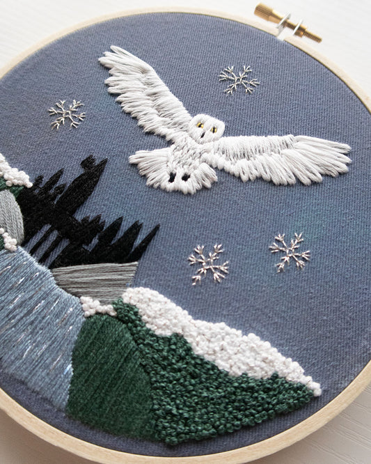 Magical Owl Embroidery Pattern close up finished piece