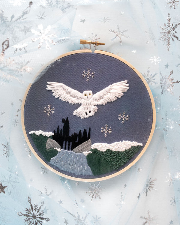 Magical Owl Embroidery Kit on a winter background