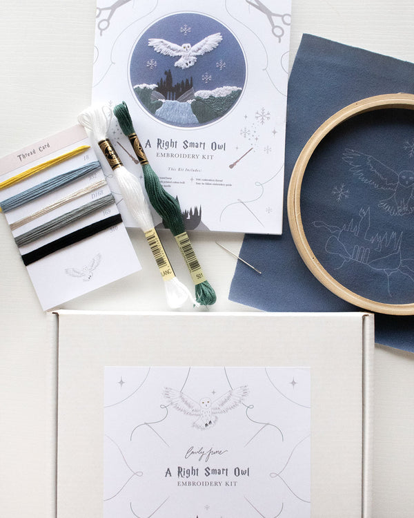 Magical Owl Embroidery Kit contents laid out with box and packaging