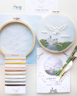 Spring Magical Owl Embroidery Kit contents laid out on a background