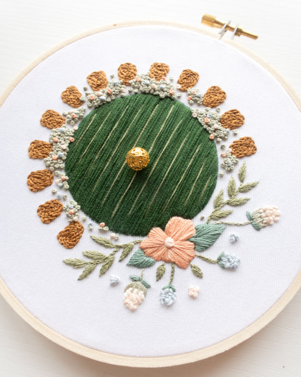 Hobbit Hole Embroidery Kit close up of the finished green version