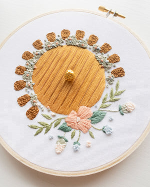 Hobbit Hole Embroidery Kit close up of the finished yellow version