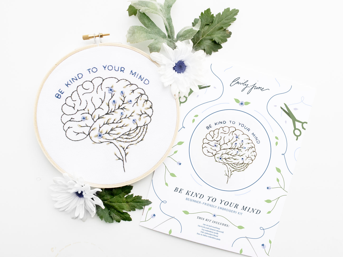 Be Kind To Your Mind Floral Brain Embroidery Kit finished with instruction booklet with flowers