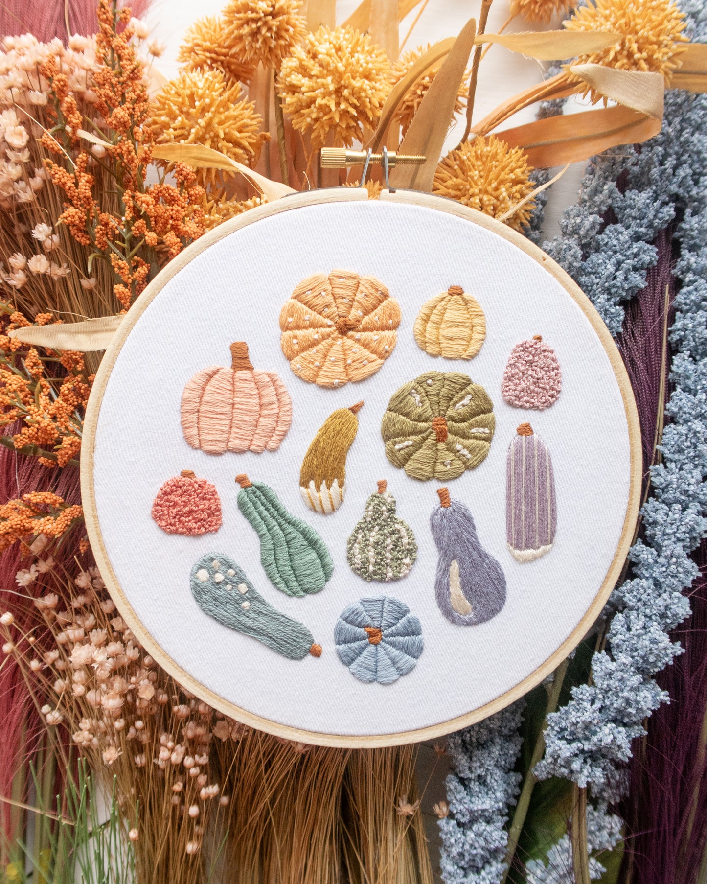 Rainbow Colors of Fall Hand Embroidery Pattern on vibrant autumn flowers