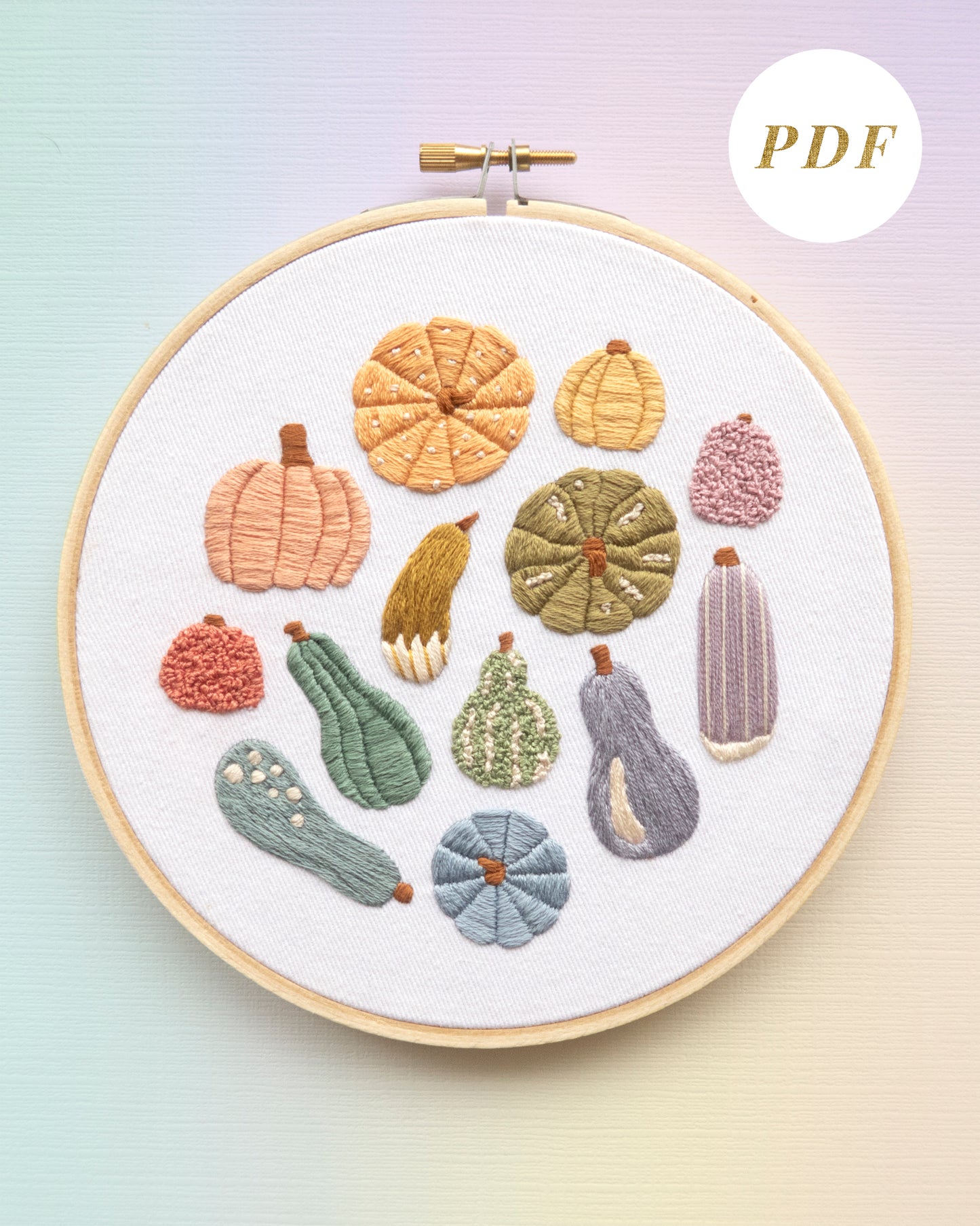 Rainbow Colors of Fall Hand Embroidery Pattern on rainbow background