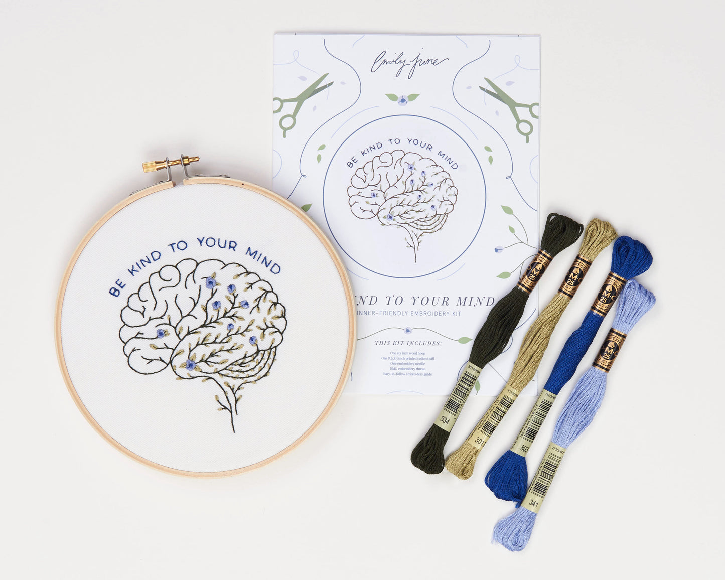 Be Kind To Your Mind Floral Brain Embroidery Kit contents laid out together in an A formation