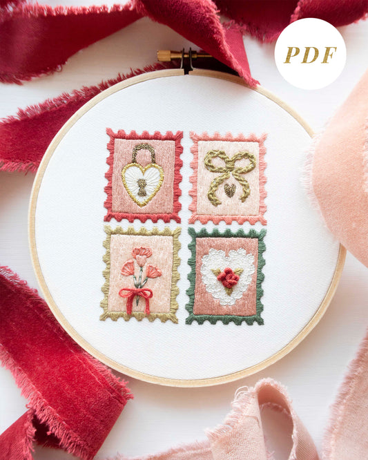 Vintage Love Stamp Embroidery Stitch Sampler Pattern