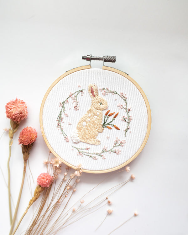 Spring Bunny Embroidery Pattern finished in a hoop with flowers