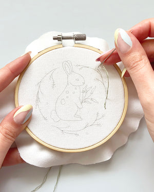 Spring Bunny Embroidery Pattern traced pattern in hoop with hands and embroidery needle ready to embroider