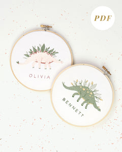 Green and pink dinosaur embroidery with leaves and flowers and custom baby name embroidery pattern
