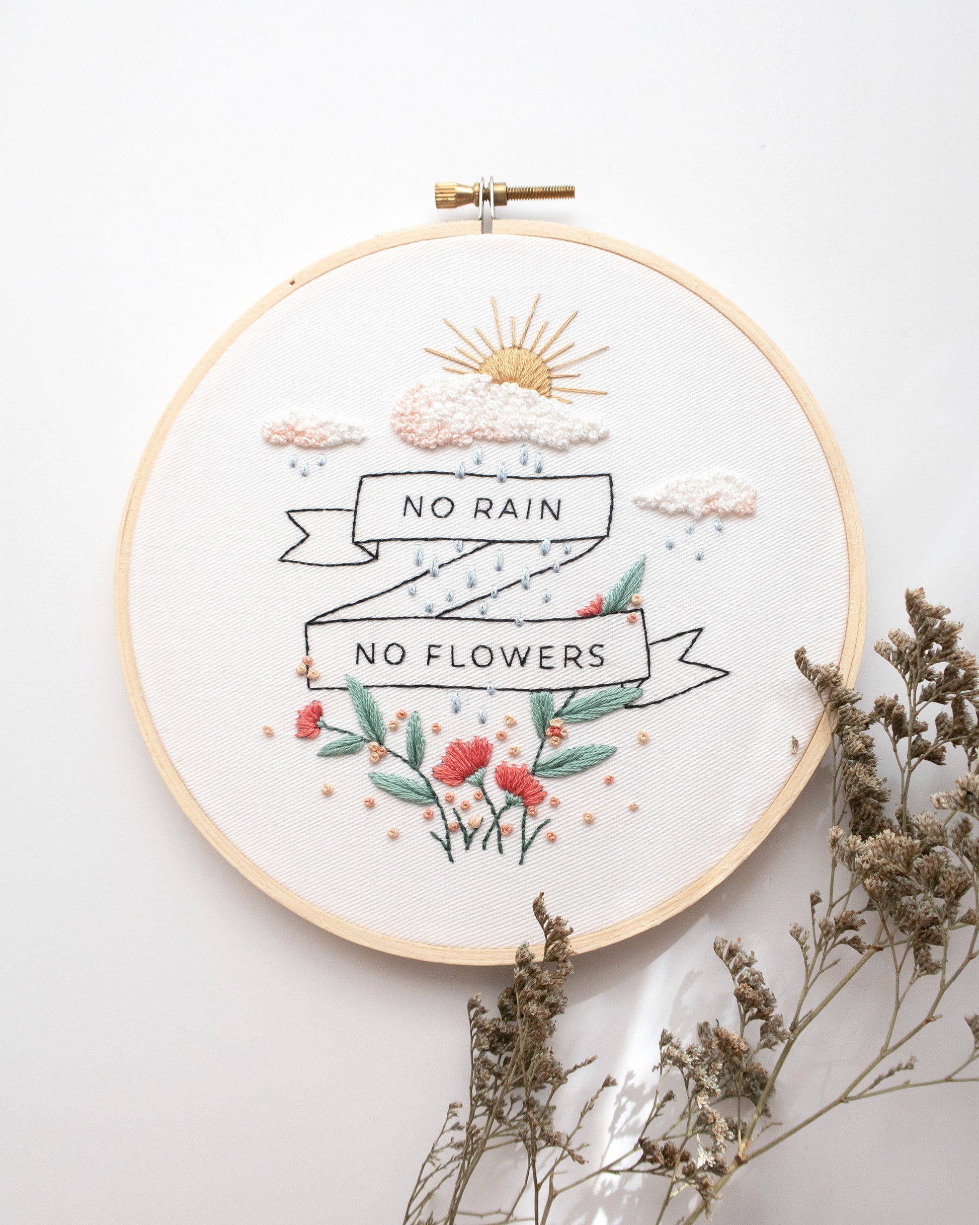 No rain, no flowers spring hand embroidery kit with sunrise, red poppies and green leaves embroidery and banner quote on embroidery hoop with dried florals