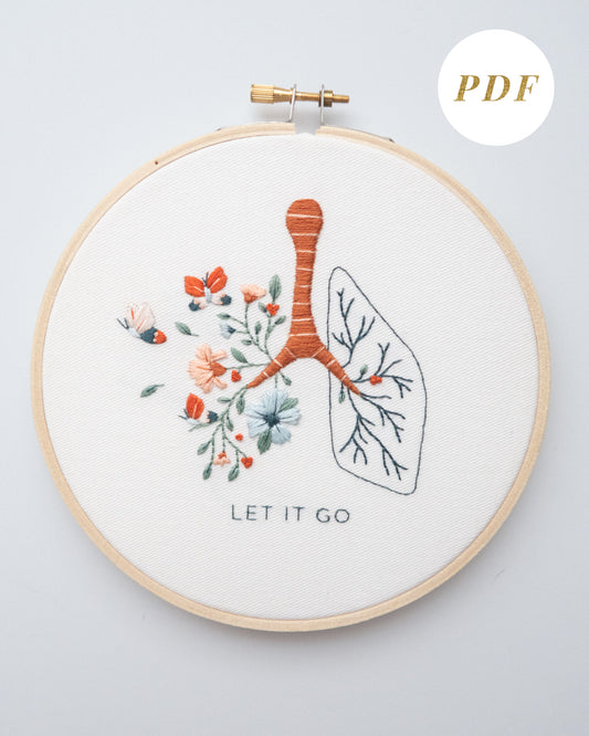Let it go floral lung hand embroidery pattern with pink and blue flowers and butterflies for mental health craft