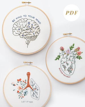 Floral anatomy hand embroidery pattern bundle with floral brain, floral heart, and floral lung with mental health quotes for mental health embroidery and beginner friendly embroidery
