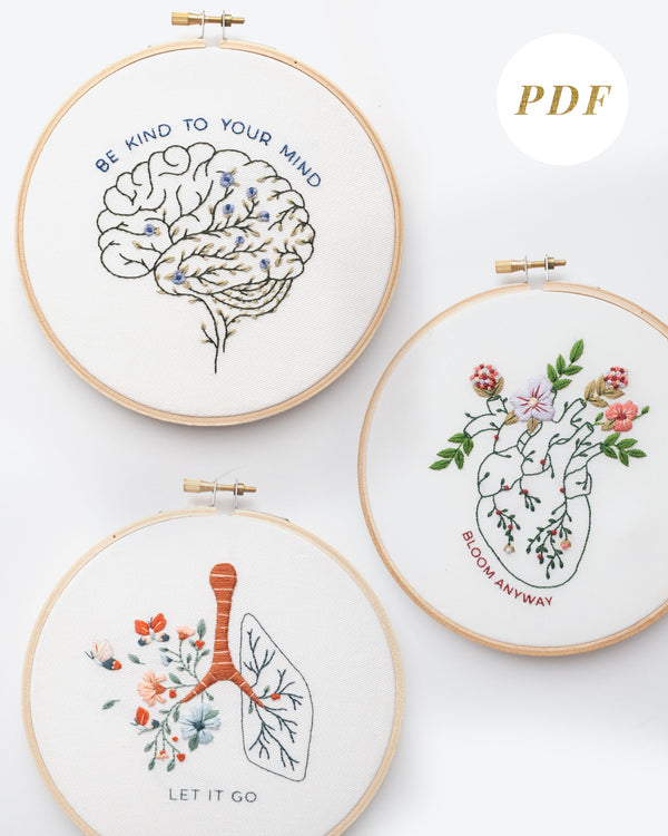 Floral anatomy hand embroidery pattern bundle with floral brain, floral heart, and floral lung with mental health quotes for mental health embroidery and beginner friendly embroidery
