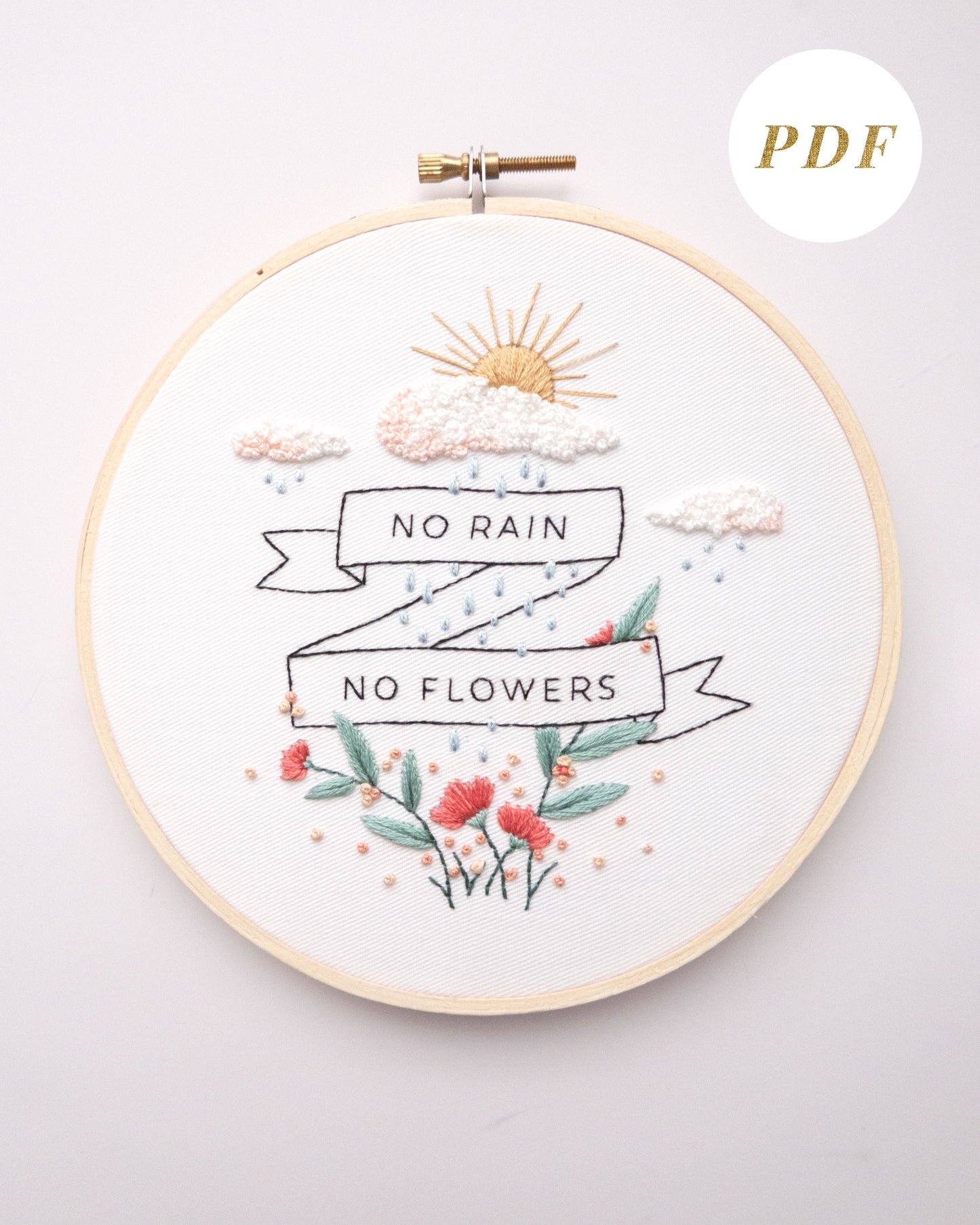 No rain, no flowers spring hand embroidery pattern with sunrise, red poppies and green leaves embroidery and banner quote