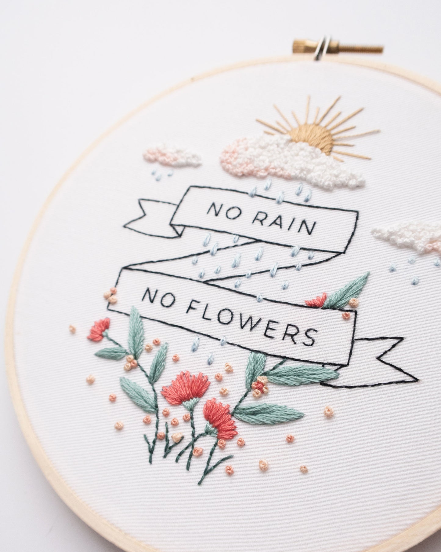 No rain, no flowers spring hand embroidery pattern with sunrise, red poppies and green leaves embroidery and banner quote