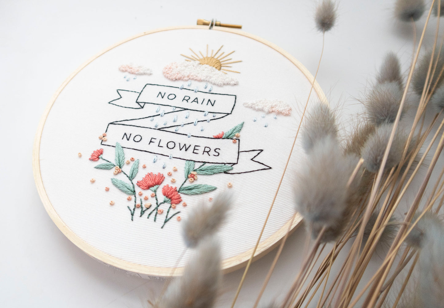 No rain, no flowers spring hand embroidery pattern with sunrise, red poppies and green leaves embroidery and banner quote