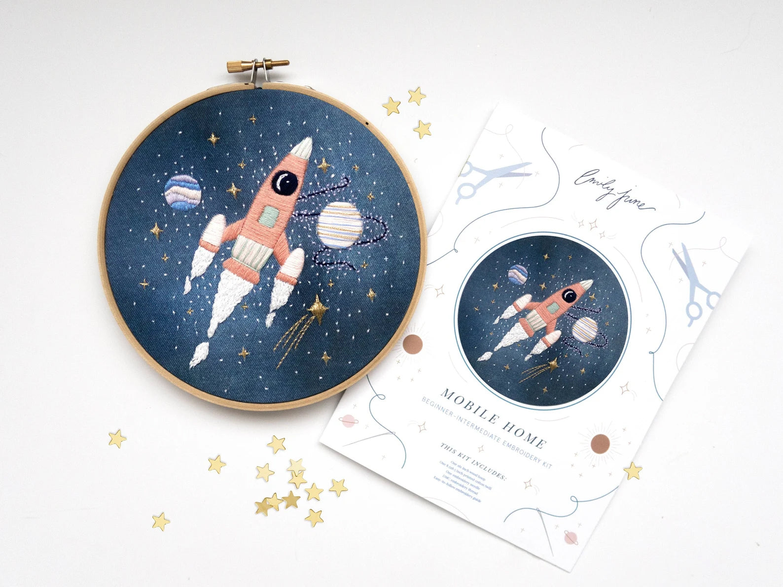 Pink rocket ship in outer space hand embroidery kit for outer space nursery or decor with planets and stars with embroidery guide