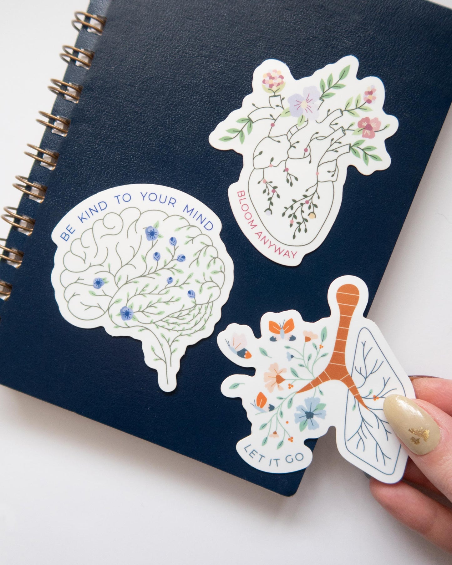 Floral anatomy brain embroidery sticker, waterproof vinyl mental health sticker on notebook