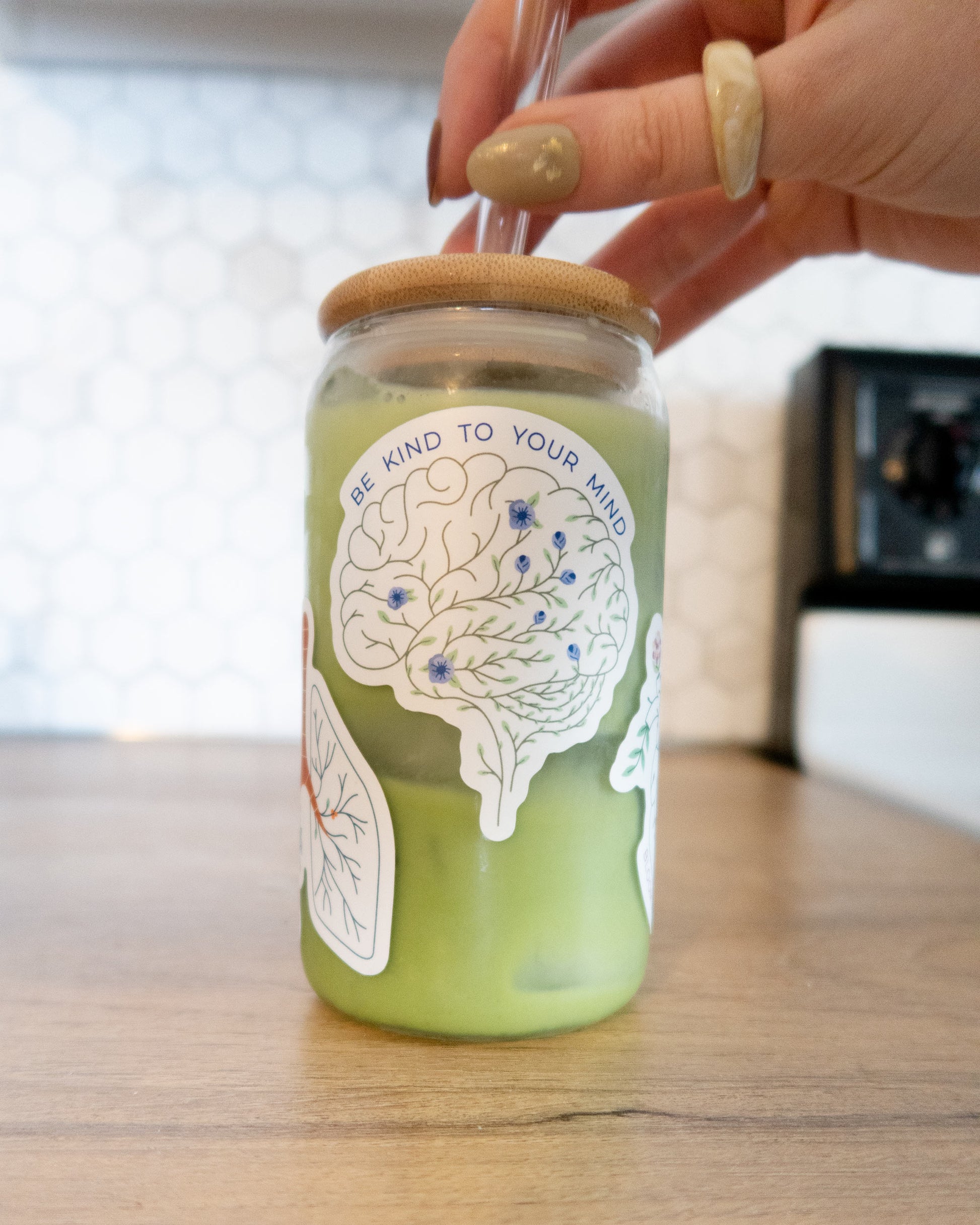 Be kind to your mind floral brain embroidery anatomy sticker, waterproof vinyl mental health sticker on water bottle