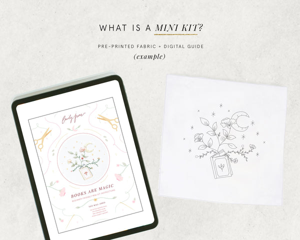 Full heart embroidery kit that comes with embroidery floss, embroidery needle, embroidery guide, printed embroidery fabric, versus a mini kit that comes with digital guide and fabric 