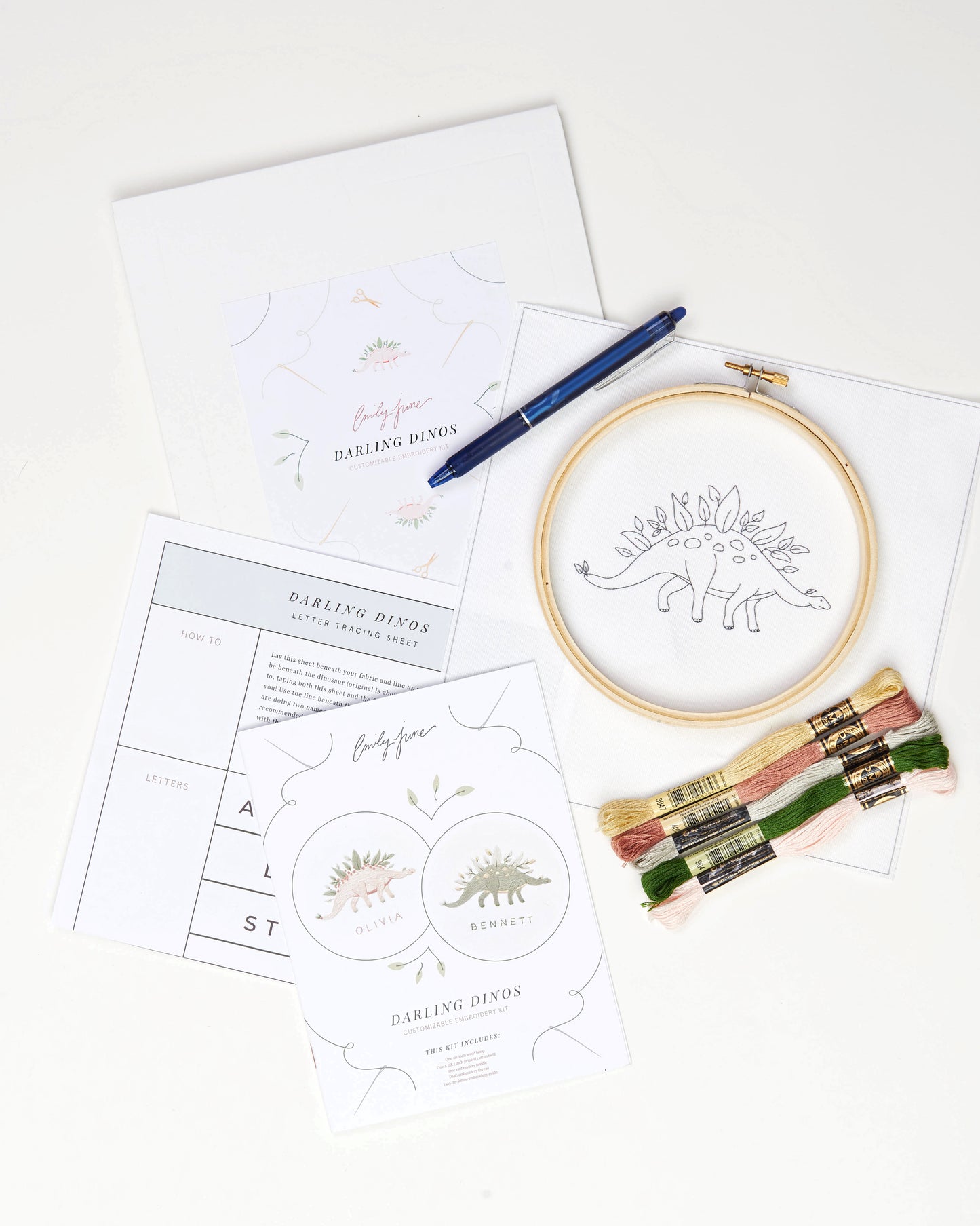 Green and pink dinosaur embroidery with leaves and flowers and custom baby name embroidery craft kit with heat erasable pen, embroidery floss in yellow pink and green, printed embroidery fabric, wood embroidery hoop and embroidery guide