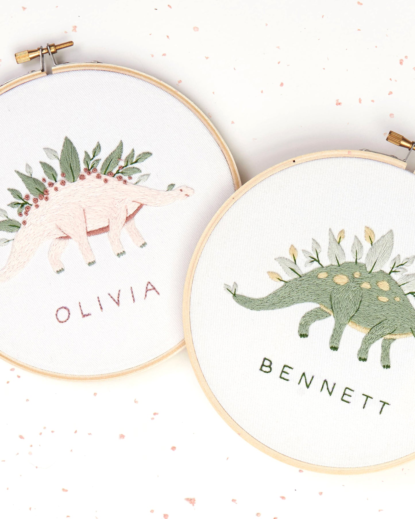 Green and pink dinosaur embroidery with leaves and flowers and custom baby name embroidery craft kit
